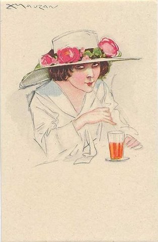 девушка в кафе / старинная открытка
