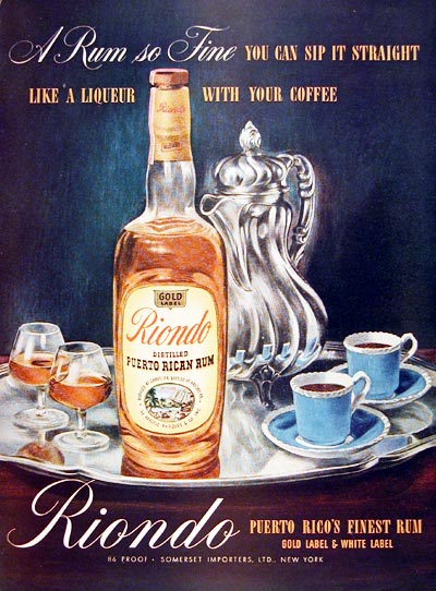 Ром Riondo Rum и кофе - старый рекламный плакат 1944 год